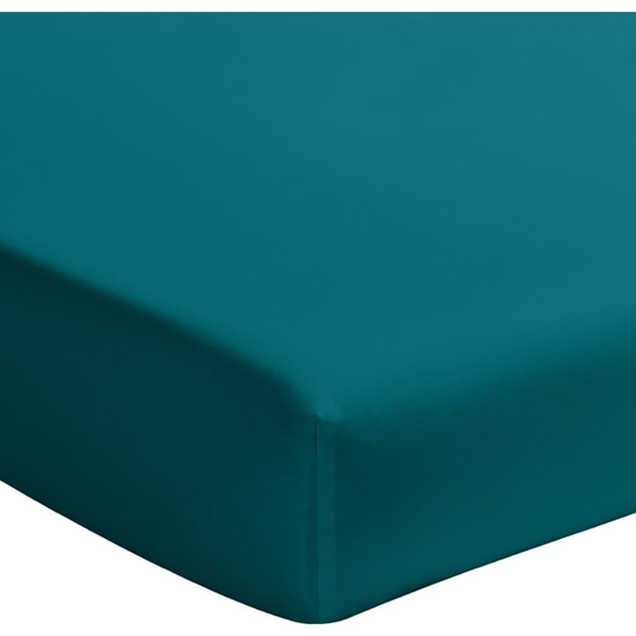 Drap Housse - Bonnet 30cm 100% Percale De Coton Lavé Bleu Canard