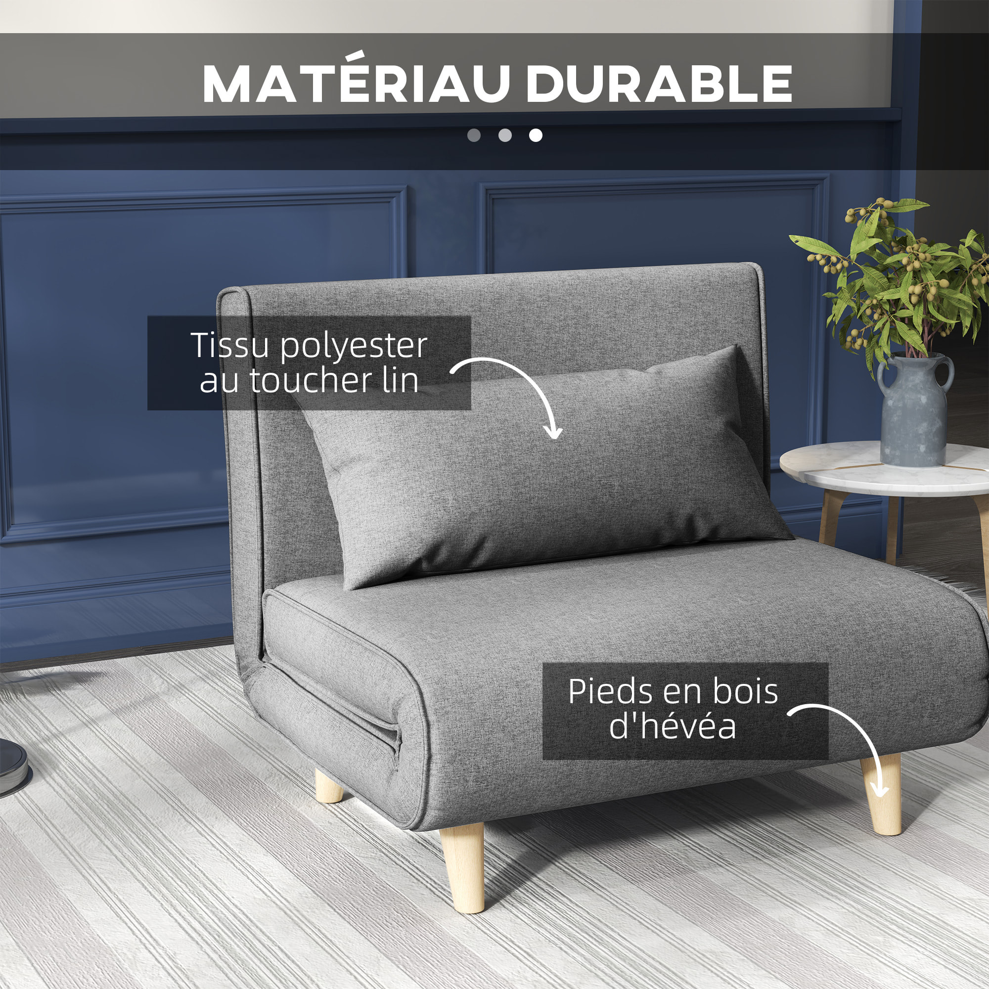 Fauteuil convertible chauffeuse style nordique dossier réglable coussin inclus gris