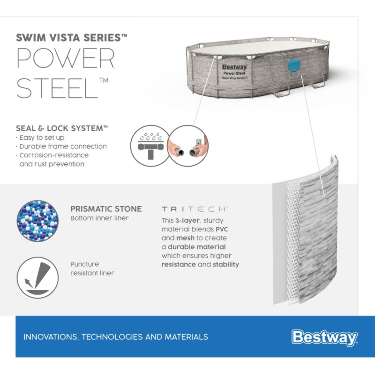 Bestway Piscine hors sol tubulaire ovale Bestway Power Steel™ 488 x 305 x 107 cm décor pierres
