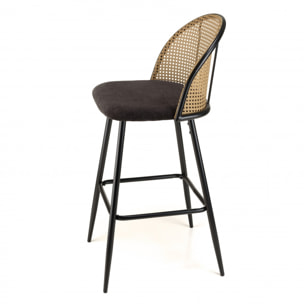 LEA - Lot de 2 tabourets de bar assise tissu noir dossier effet cannage