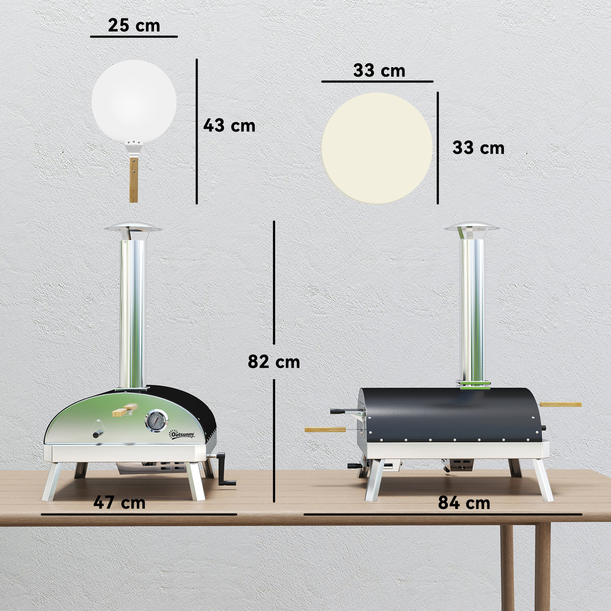 Mini Horno de Pizza Exterior Portátil Horno de Leña con Piedra Refractaria Ø33 cm Mangos de Madera Termómetro y Bandeja Giratoria para Jardín Terraza Camping Patio