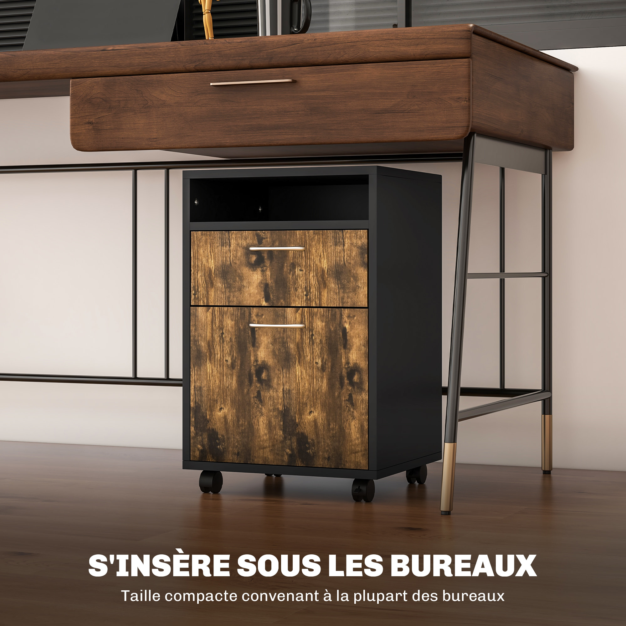 Caisson de bureau rangement bureau sur roulettes tiroir placard niche panneaux particules brun rustique