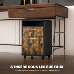 Caisson de bureau rangement bureau sur roulettes tiroir placard niche panneaux particules brun rustique