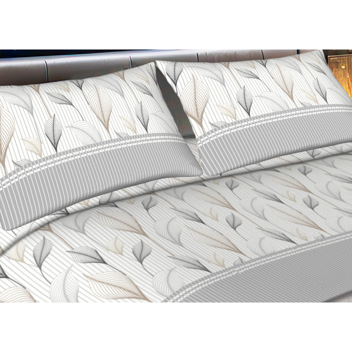 Completo Lenzuola in Flanella Morbida e Calda Made In Italy disegno Fiorato Laurel Grigio