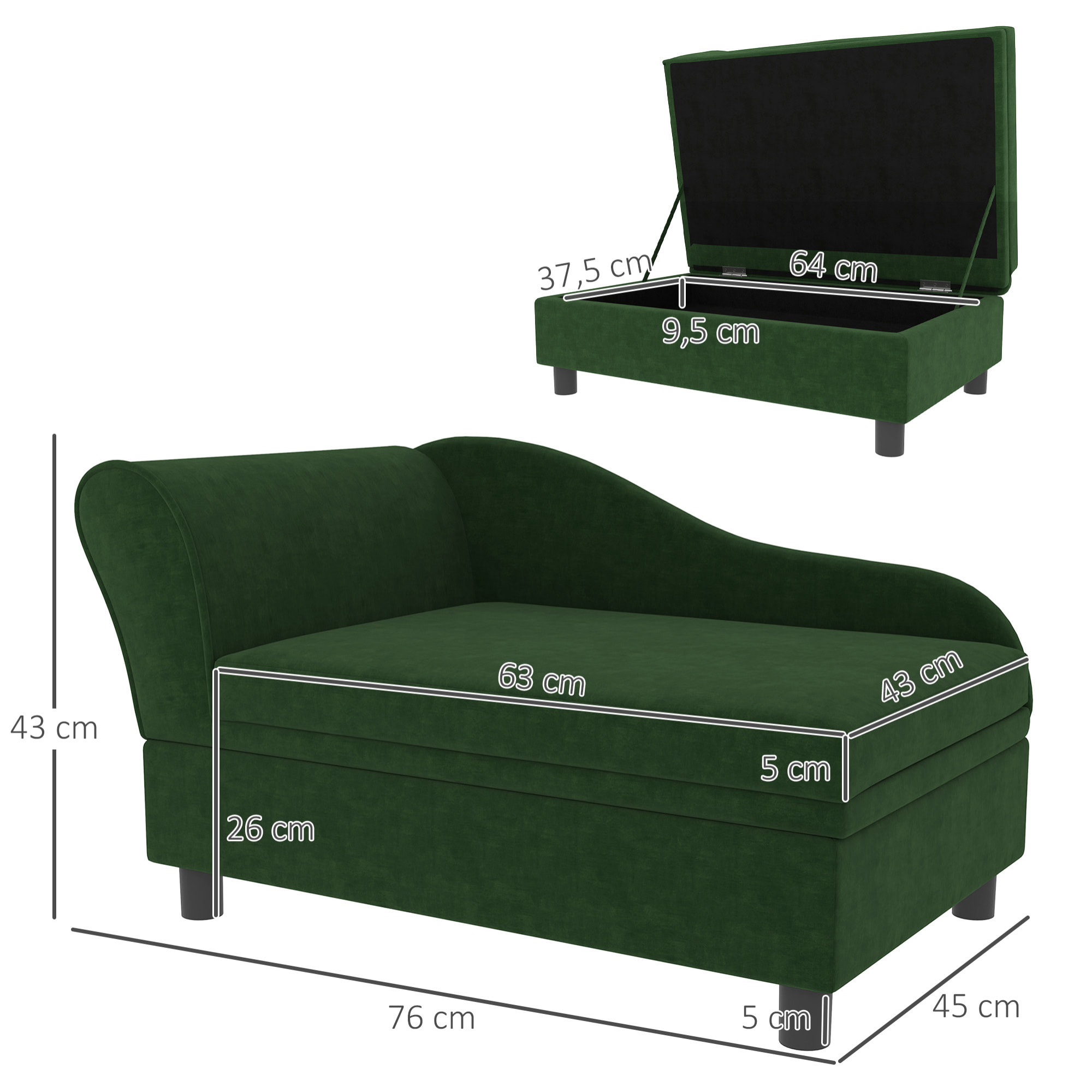 Canapé chien design méridienne - coffre rangement intégré - velours vert