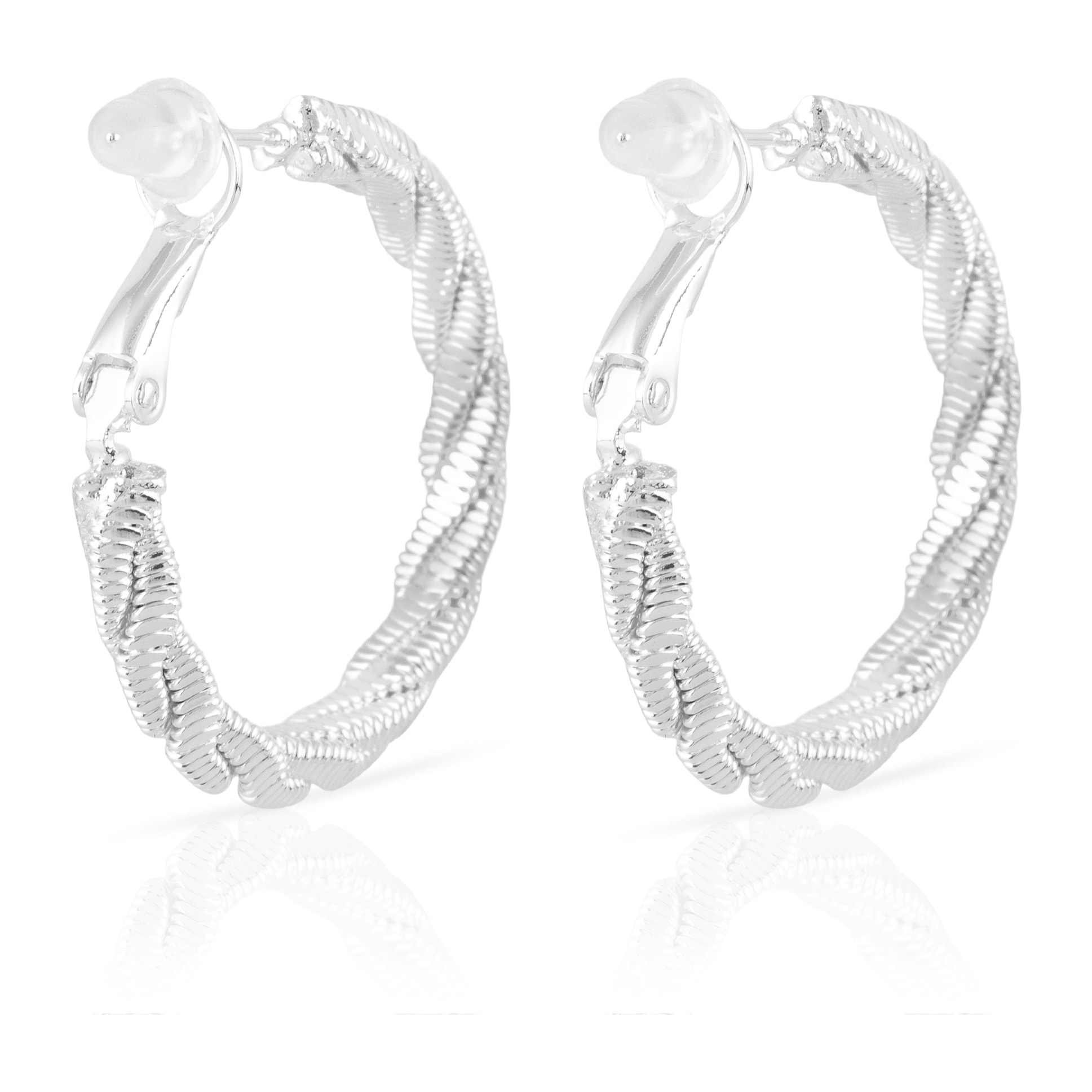 Pendientes de aro trenzado de cobre con recubrimiento electroplateado brillante, 25 mm, con cierre catalán en plata de ley 925.