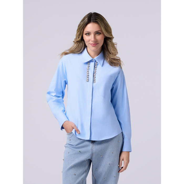 Oltre - Camisa de popelina con bordado de joyas - Light - blue