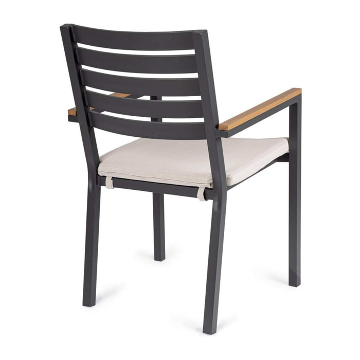 Set 4 sedie da giardino ELDA con cuscino beige, braccioli effetto legno e struttura antracite