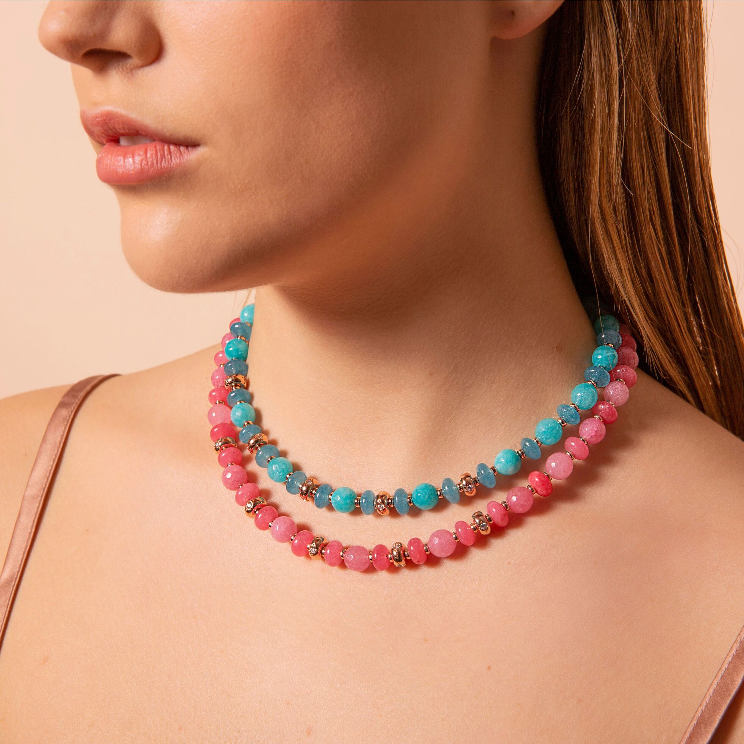 Collana Girocollo con Rondelle Étoile e Pietre Naturali di Quarzite Rosa