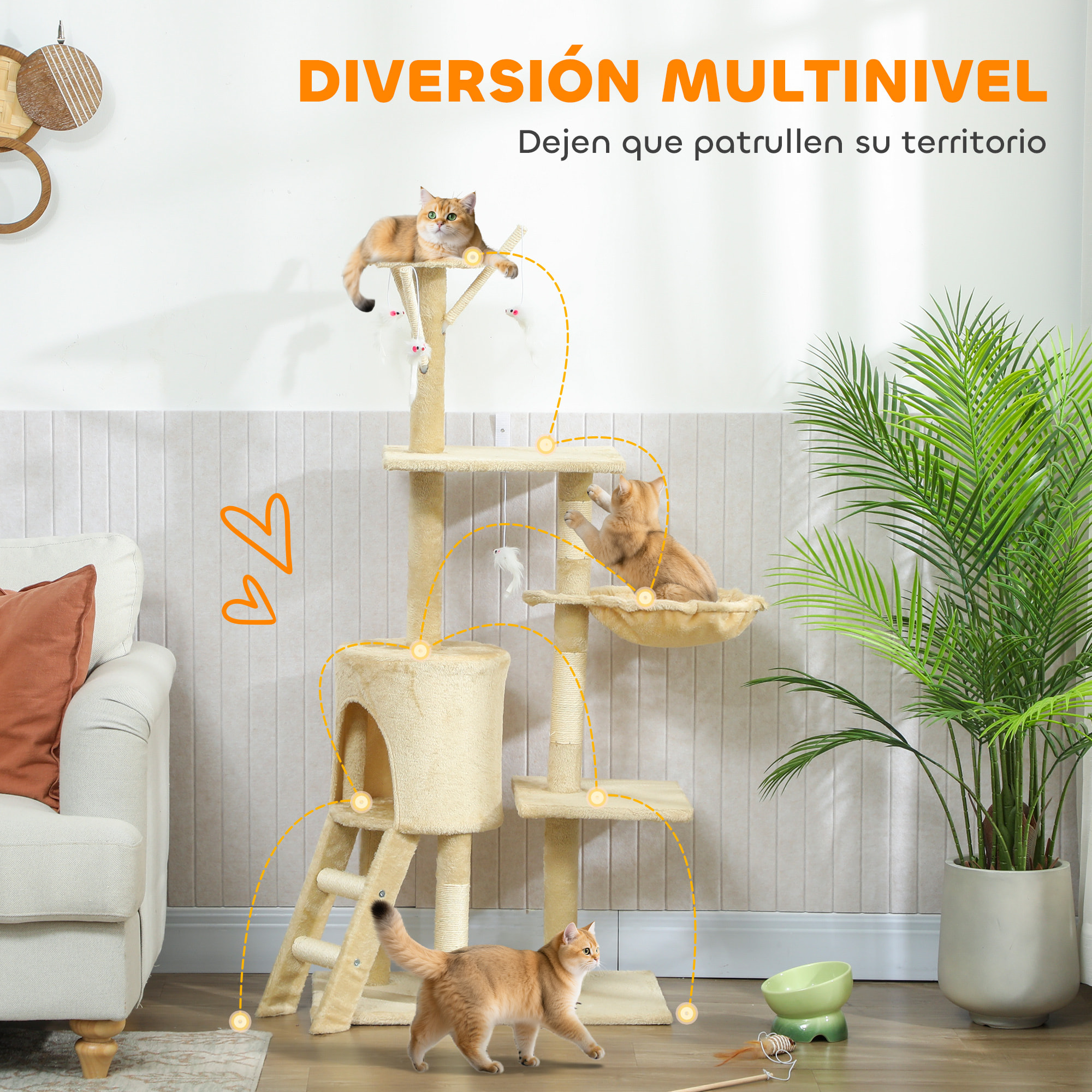 Árbol Rascador para Gatos Grande, Árbol para Gatos, Altura 134 cm, Torre de Escalada con 6 Postes de Sisal, 3 Plataformas, 1 Cueva, 1 Hamaca, 1 Escalera, 4 Juguetes Colgantes, Beige