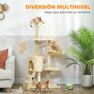 Árbol Rascador para Gatos Grande, Árbol para Gatos, Altura 134 cm, Torre de Escalada con 6 Postes de Sisal, 3 Plataformas, 1 Cueva, 1 Hamaca, 1 Escalera, 4 Juguetes Colgantes, Beige
