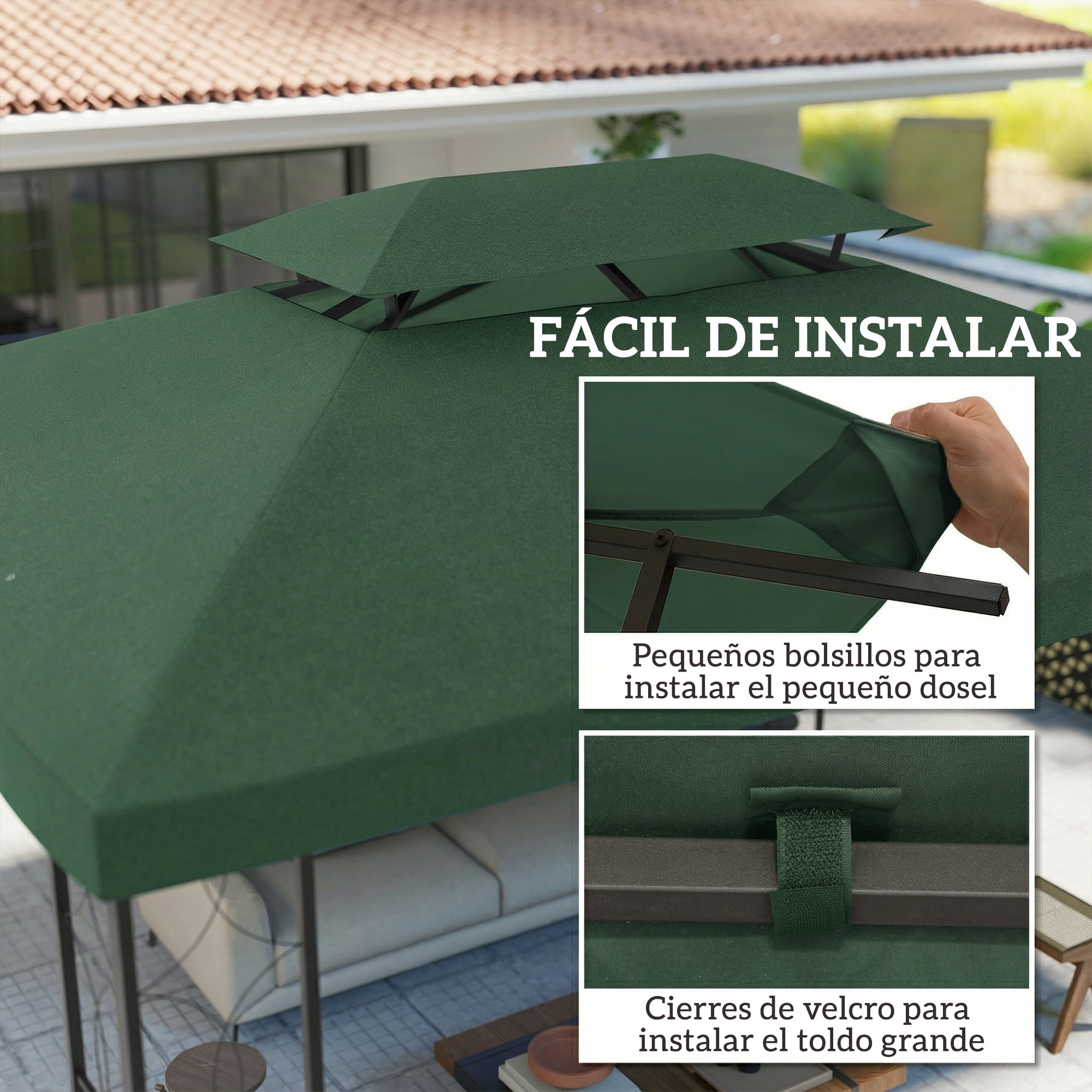 Techo de Repuesto para Cenador, 4x3 m, Cubierta de Repuesto con Techo Doble, 10 Orificios de Drenaje y Protección UV, SOLO Toldo de Recambio para Pabellón Gazebo, Verde