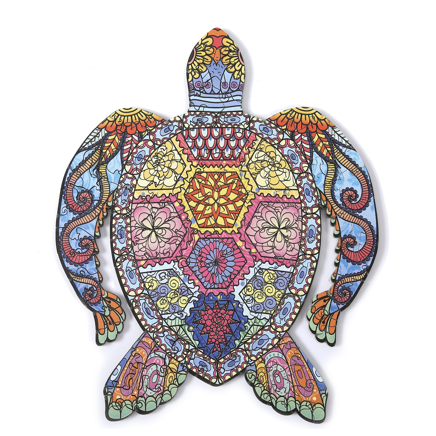 Puzzle 3D de madera DIY forma de silueta . Con piezas individuales con diferentes diseños. En madera policromada. Tamaño A4 .DISEÑO TORTUGA.