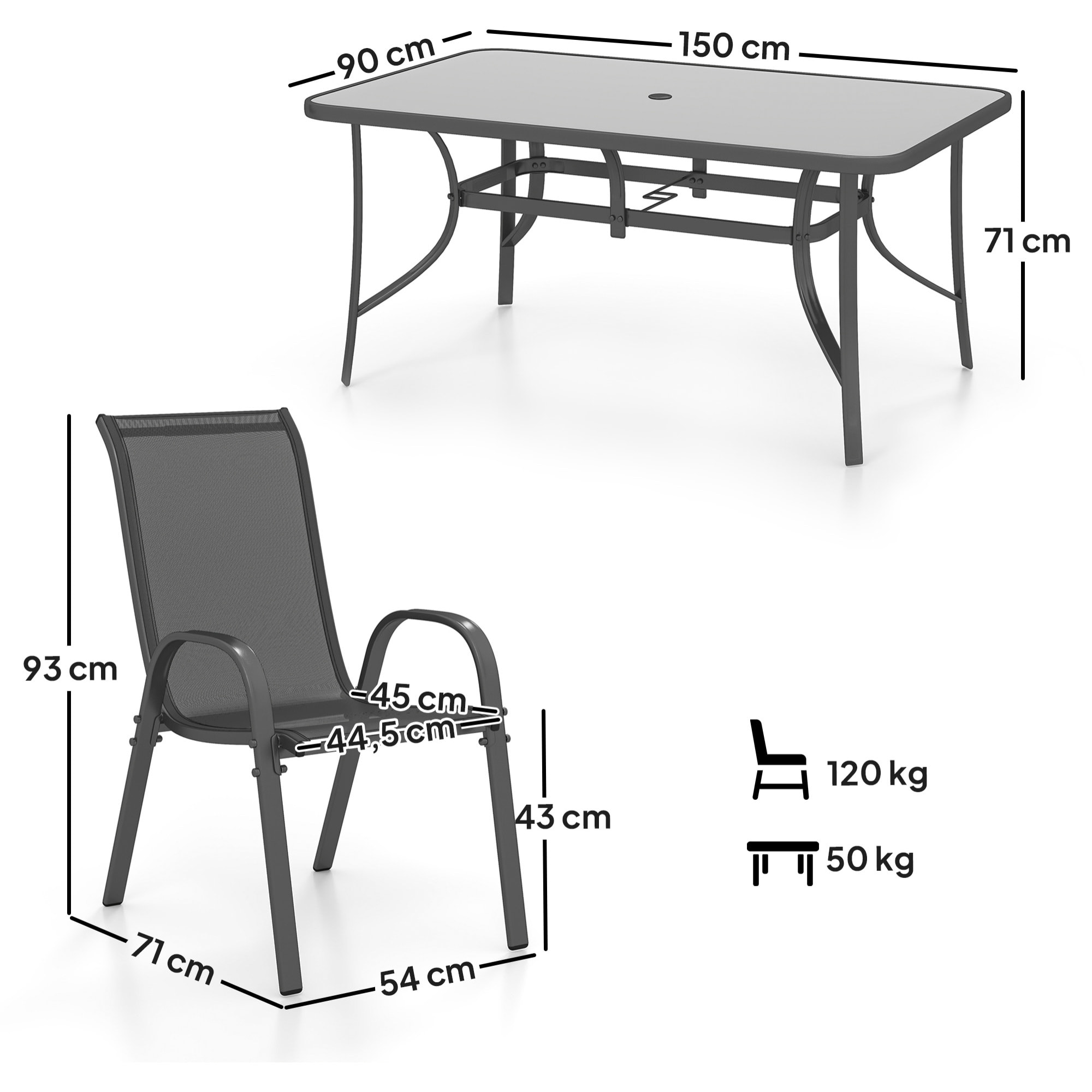 Conjunto de Mesa y Sillas Jardín de 7 Piezas, Muebles de Jardín Exterior con Mesa y 6 Sillas para Terraza con Orificio para Sombrilla y Encimera de Cristal, para Terraza Patio, Gris Oscuro