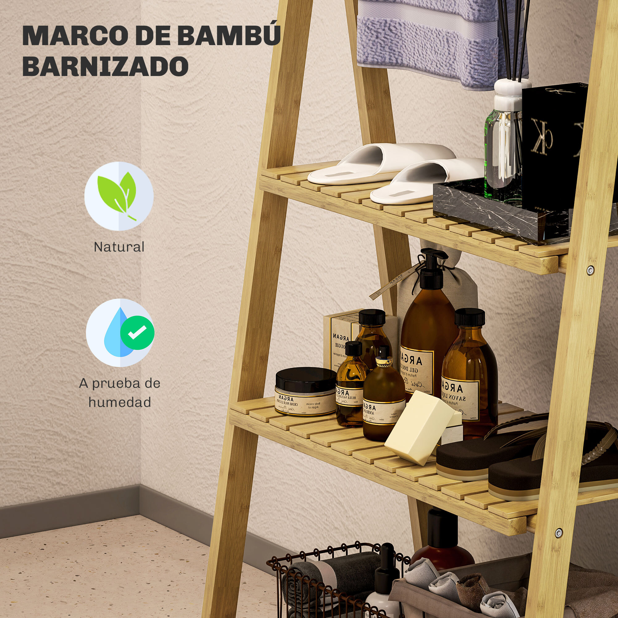 Estantería de Baño de Bambú con 3 Estantes Estantería de Almacenaje Plegable con Barras Estantería de Madera en Forma de A 53,5x30x53 cm Natural