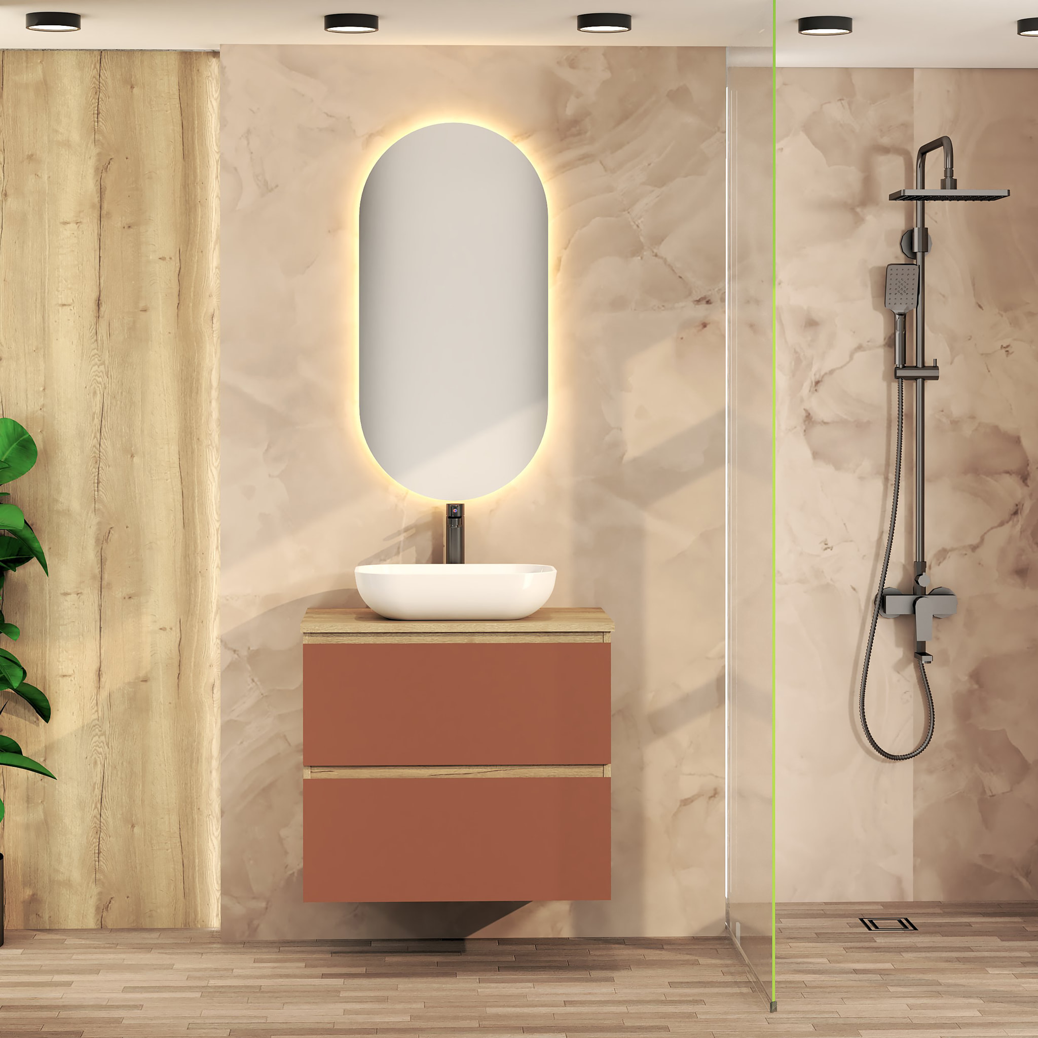 CONJUNTO DE BAÑO NIA | MUEBLE SUSPENDIDO | 70 CM SCARLATO | DOS CAJONES | LAVABO SOBREPUESTO | NO INCLUYE ESPEJO | MUEBLE MONTADO| ALDAY