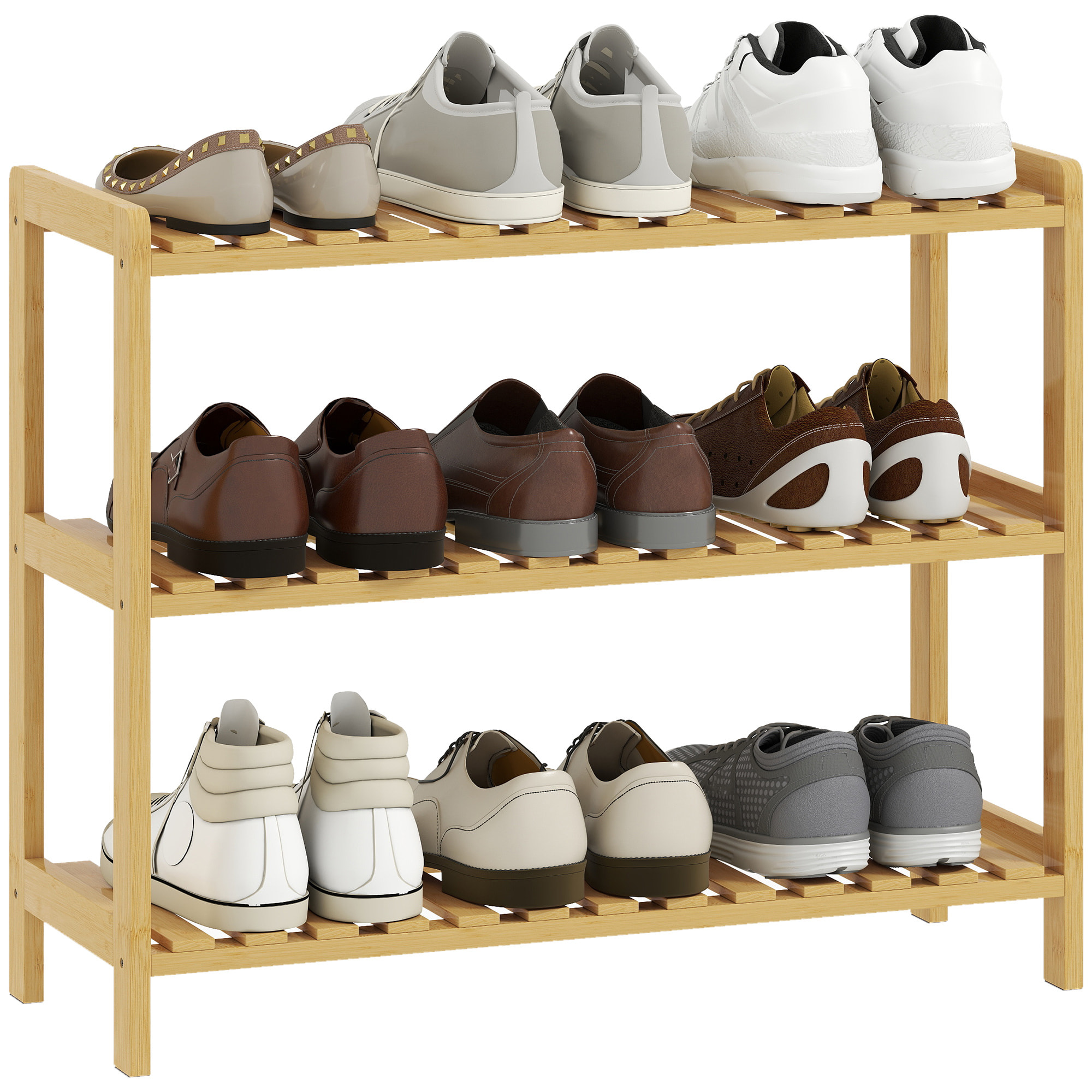 Zapatero de 3 Niveles, Estantería de Zapatos de Bambú, para 9 Pares de Zapatos, para Entrada, Pasillo, Dormitorio, 70x26x57,5 cm, Natural