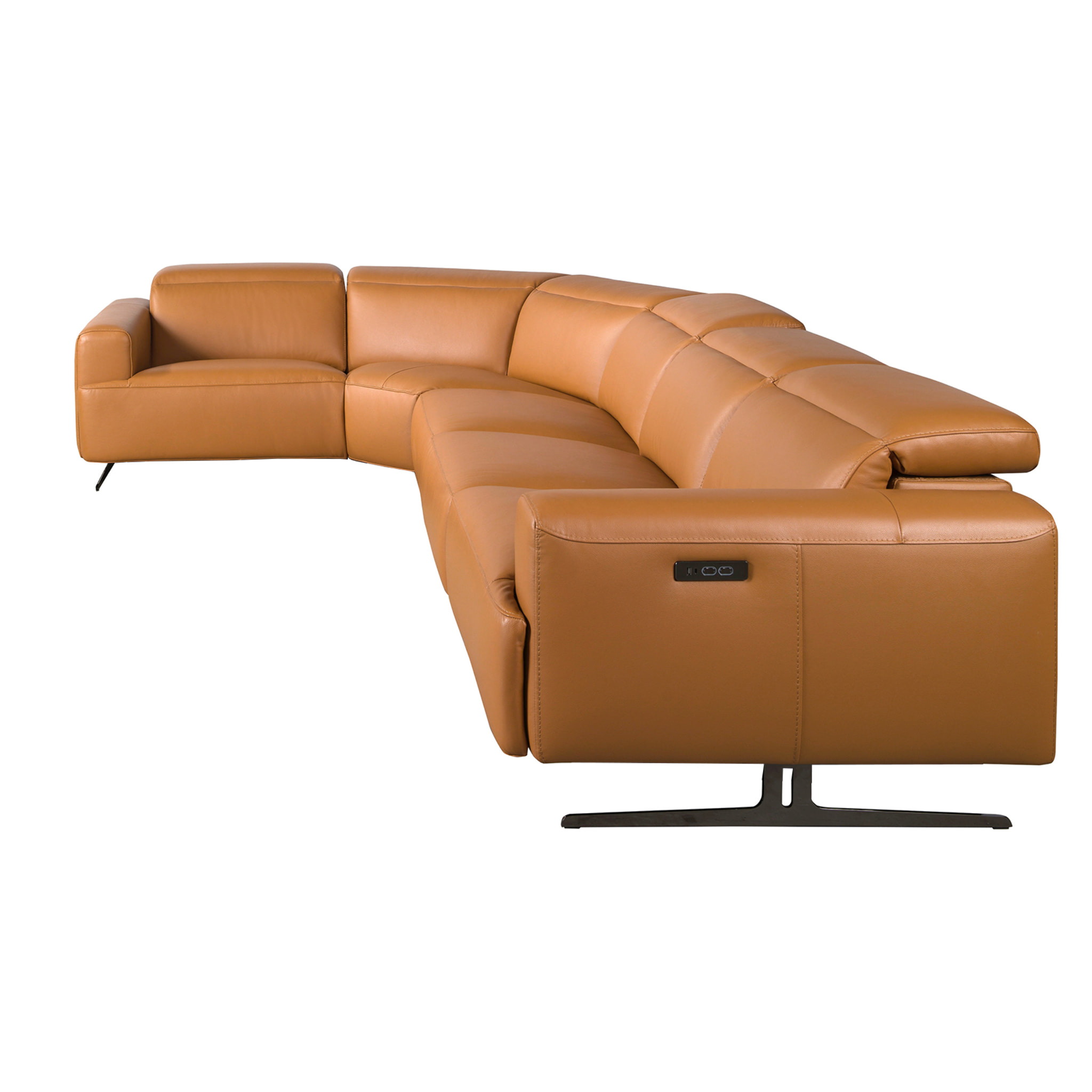 Sofá rinconera relax izquierda de 5 plazas tapizado en piel de origen vacuno en marrón con reposacabezas para garantizar una mayor comodidad patas de acero inoxidable en epoxi negro 310x310x97cm