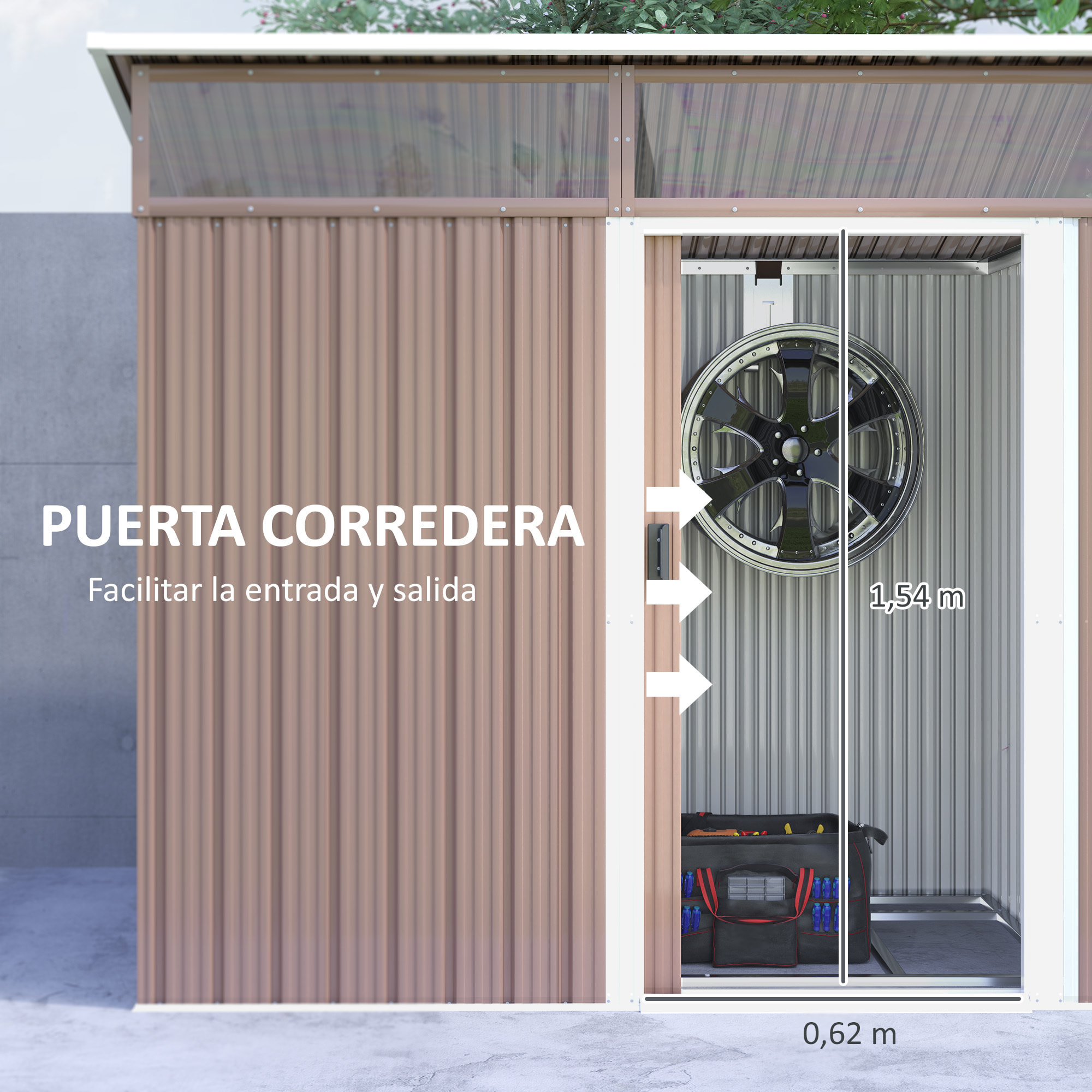 Caseta de Jardín Exterior 1,9m² 195x122x182 cm Cobertizo de Jardín Exterior con Base Refuerzo (Suelo NO Incluido) Puerta Corredera Ventanas Cobertizo para Terraza Patio Marrón