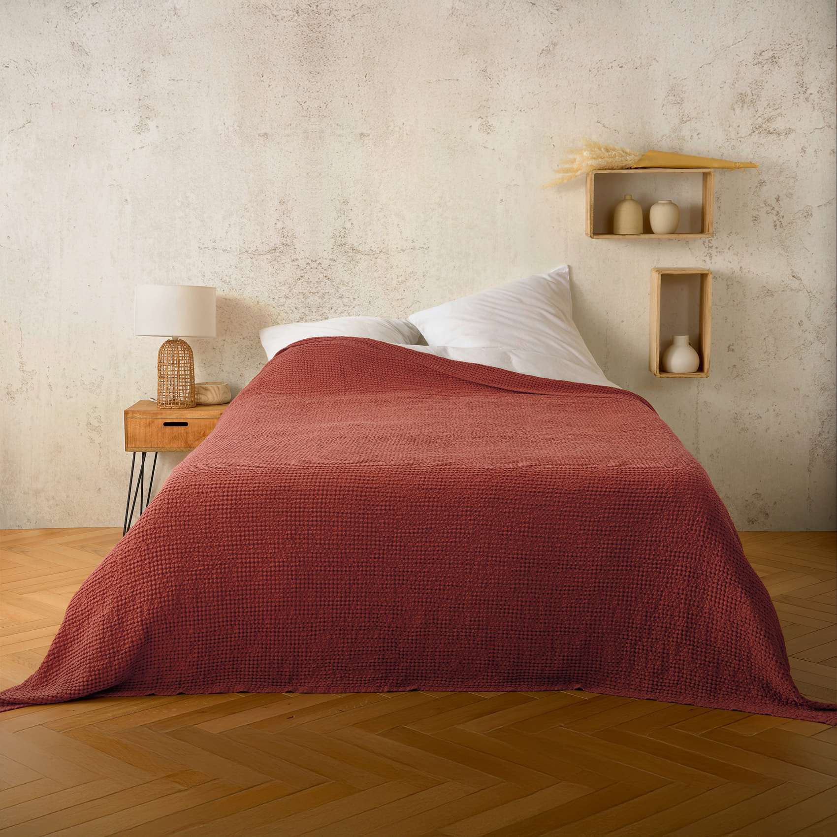 Plaid ou couvre lit 100%  coton nid d’abeille - Terracotta