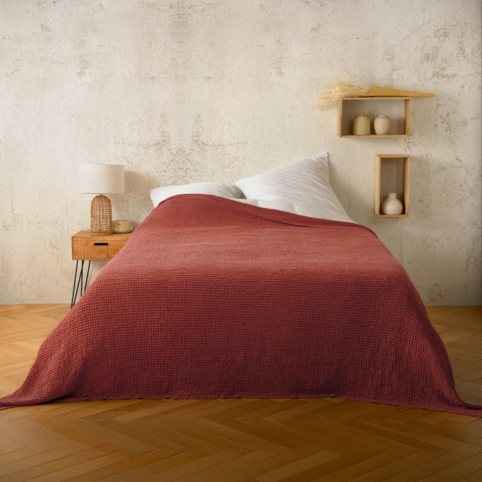 Plaid ou couvre lit 100%  coton nid d’abeille - Terracotta