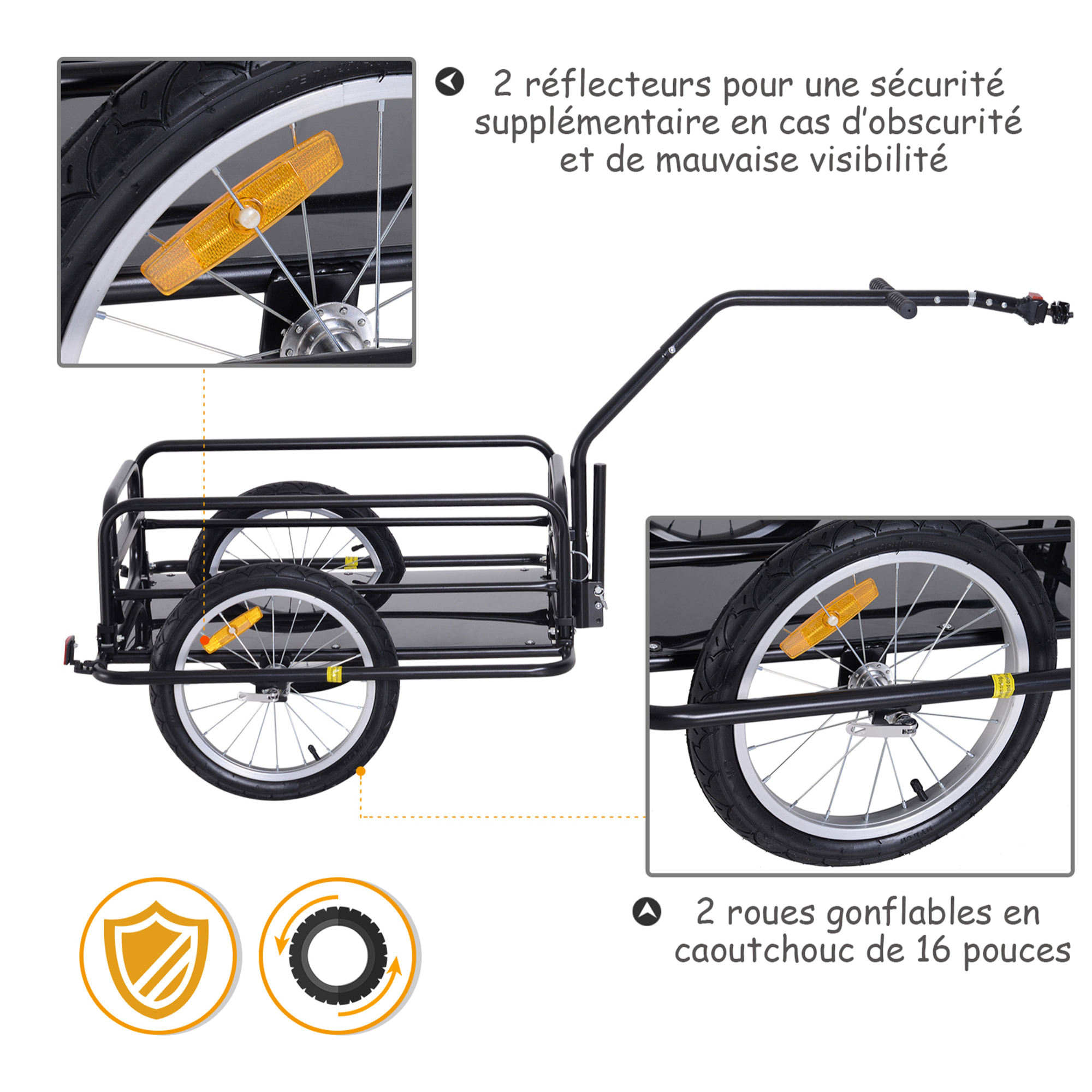 Remorque vélo remorque de transport pour vélo 155L x 71,5l x 77H cm barre d'attelage universelle pliable acier noir