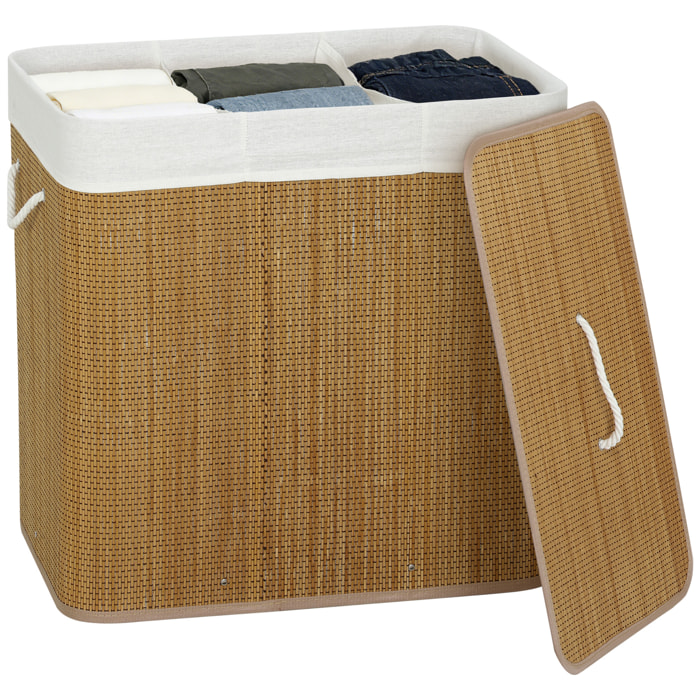 Cesto de Ropa Sucia con Tapa, 144L, Cesta Ropa Sucia de Bambú con 3 Compartimentos, Bolsa Interior Extraíble y Lavable, Asas, para Lavandería, Dormitorio, 60x40x60 cm, Marrón
