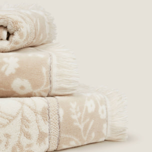 Toalla rizo jacquard flores Miflo color marron beige 100% Algodón