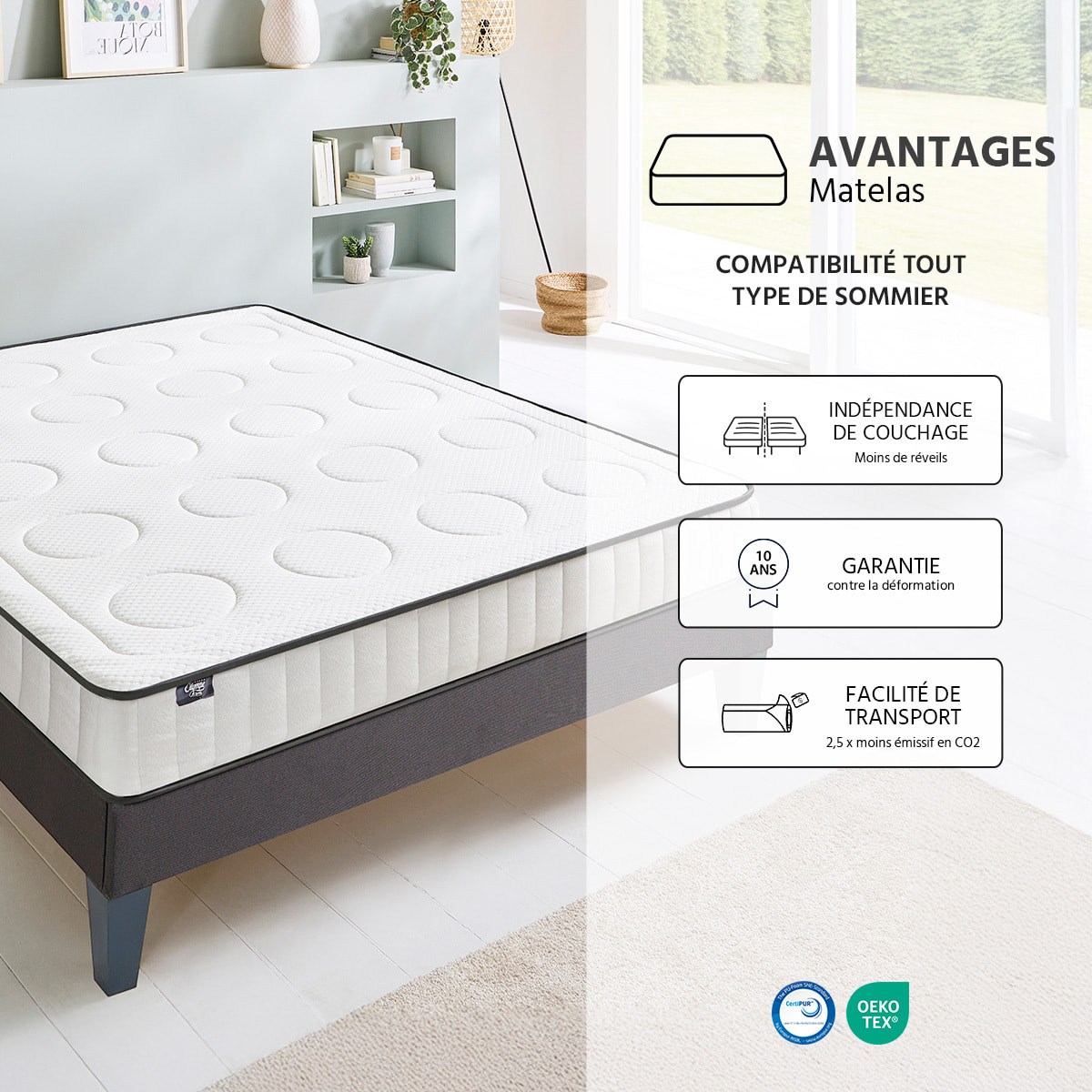 Matelas Cristal, Mémoire de Forme, 18 cm, Soutien Ferme, Mousse Recyclée Haute Densité