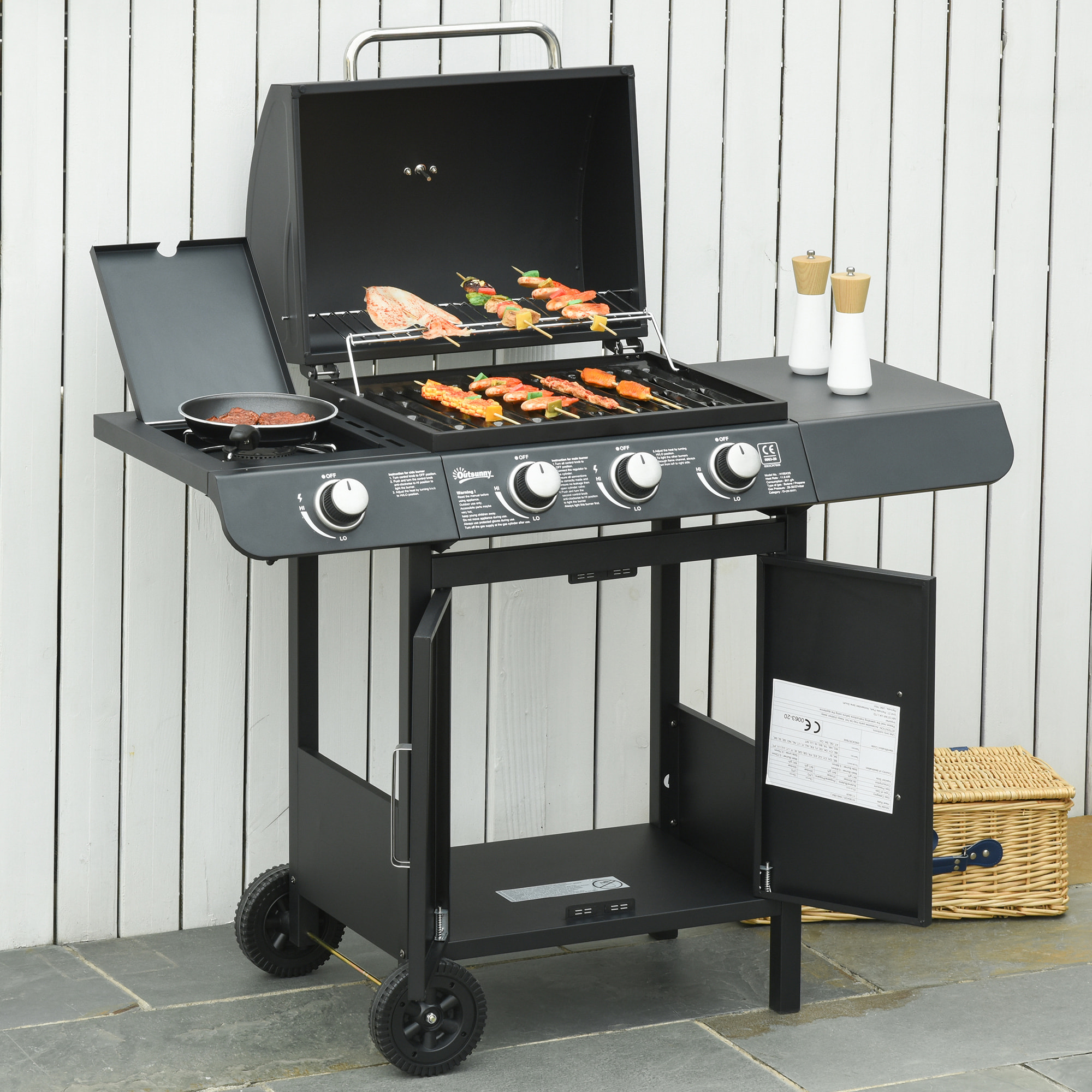 Barbacoa de Gas BBQ con Ruedas Parrilla 3+1 Quemadores 11,6 KW 2 Mesas Laterales