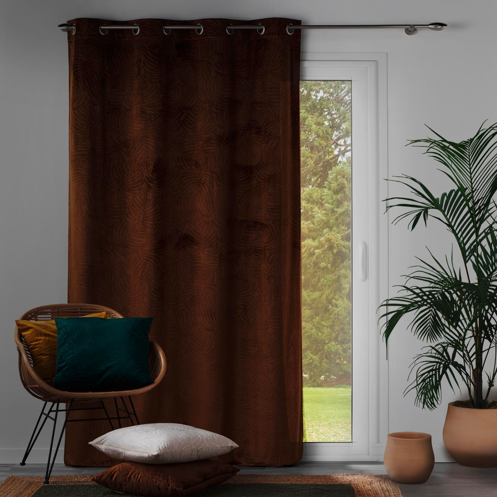 Rideau occultant en velours feuilles de monstera - Marron Clair