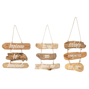 J-Line Pancarte Happiness + Happy + Nobody Bois Flotte Naturel Assortiment De 3