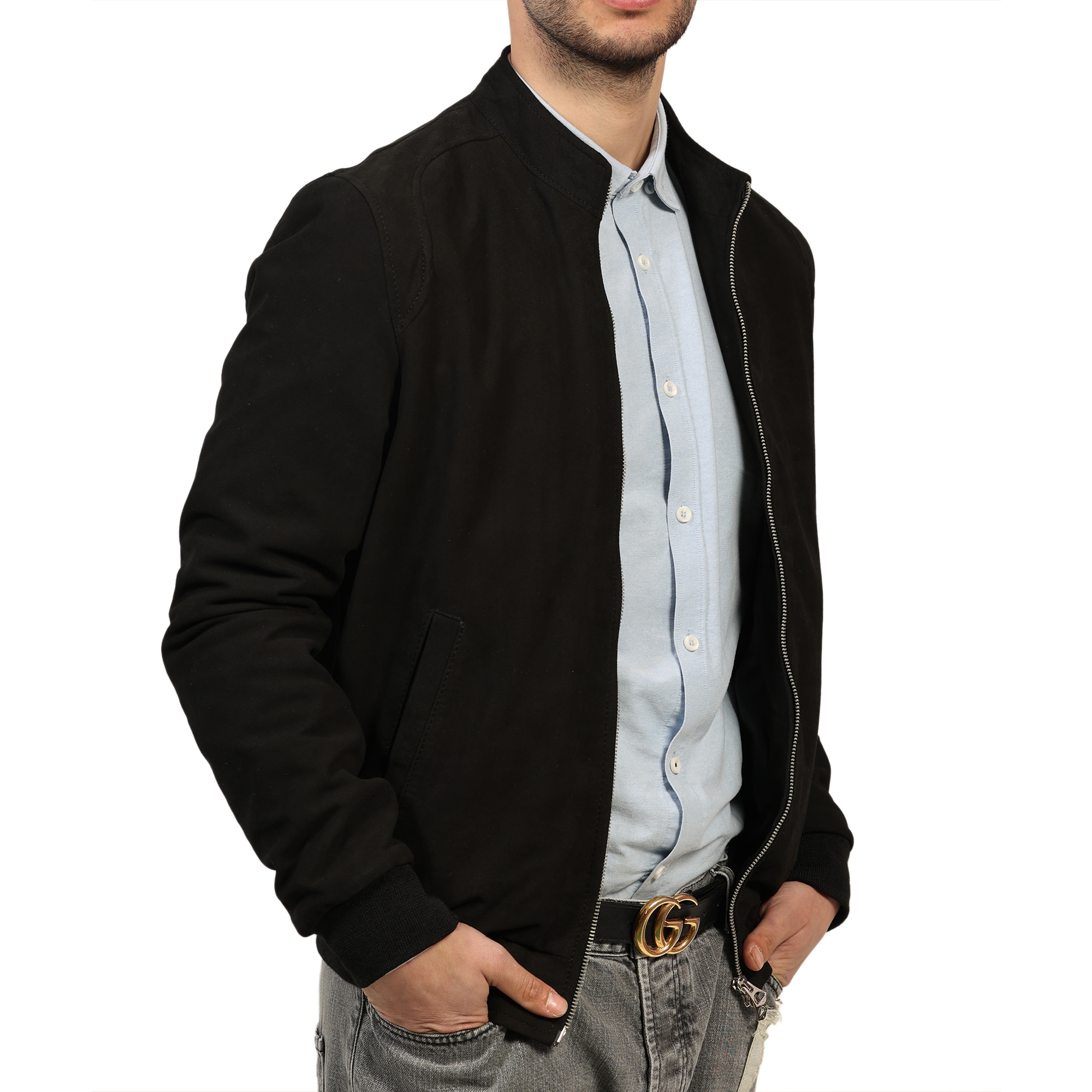 Giubbino in vera pelle di vitello scamosciata Nero-Slim Fit