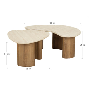 Mohea - lot de 2 tables basses gigognes - effet travertin et bois - 88 et 65 cm - Bois / Blanc