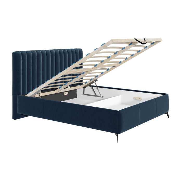 Mendoza - lit coffre - 160x200 - sommier inclus - en velours - Bleu