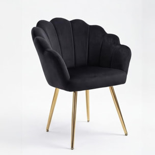 Poltrona in velluto design a conchiglia elegante e moderna, seduta imbottita confortevole con base in legno e gambe in metallo dorato, poltroncina versatile per soggiorno, camera o ufficio, stabile e resistente fino a 100 kg, stile raffinato e decorativo