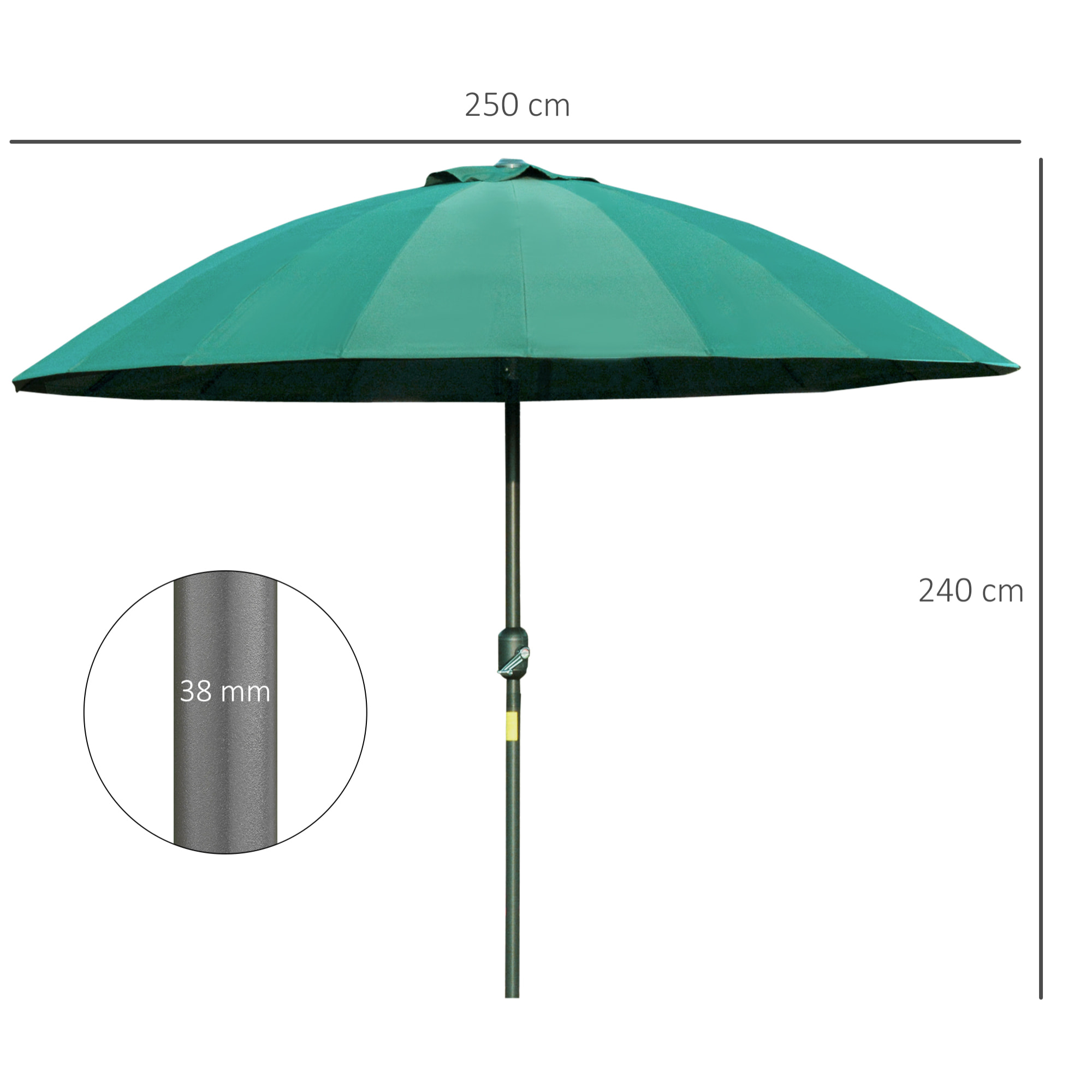 Parasol inclinable rond avec manivelle métal fibre de verre Ø 2,55 m polyester haute densité vert