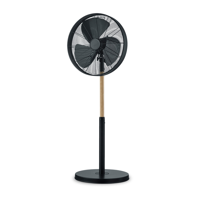 Viking - Ventilatore a piantana in stile industriale con altezza regolabile e tripla velocità di ventilazione legno e metallo Ø28 cm.