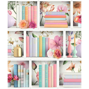 Papier peint bibliothèque avec livres et fleurs élégantes