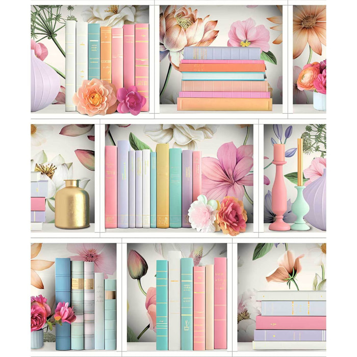 Papier peint bibliothèque avec livres et fleurs élégantes
