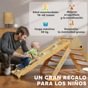 3 en 1 Triángulo de Escalada Montessori, Escalada para Niños de Madera Plegable, para18-48 Meses, con Rampa, para Deslizarse o Escalar, 147x64,5 cm, Natural