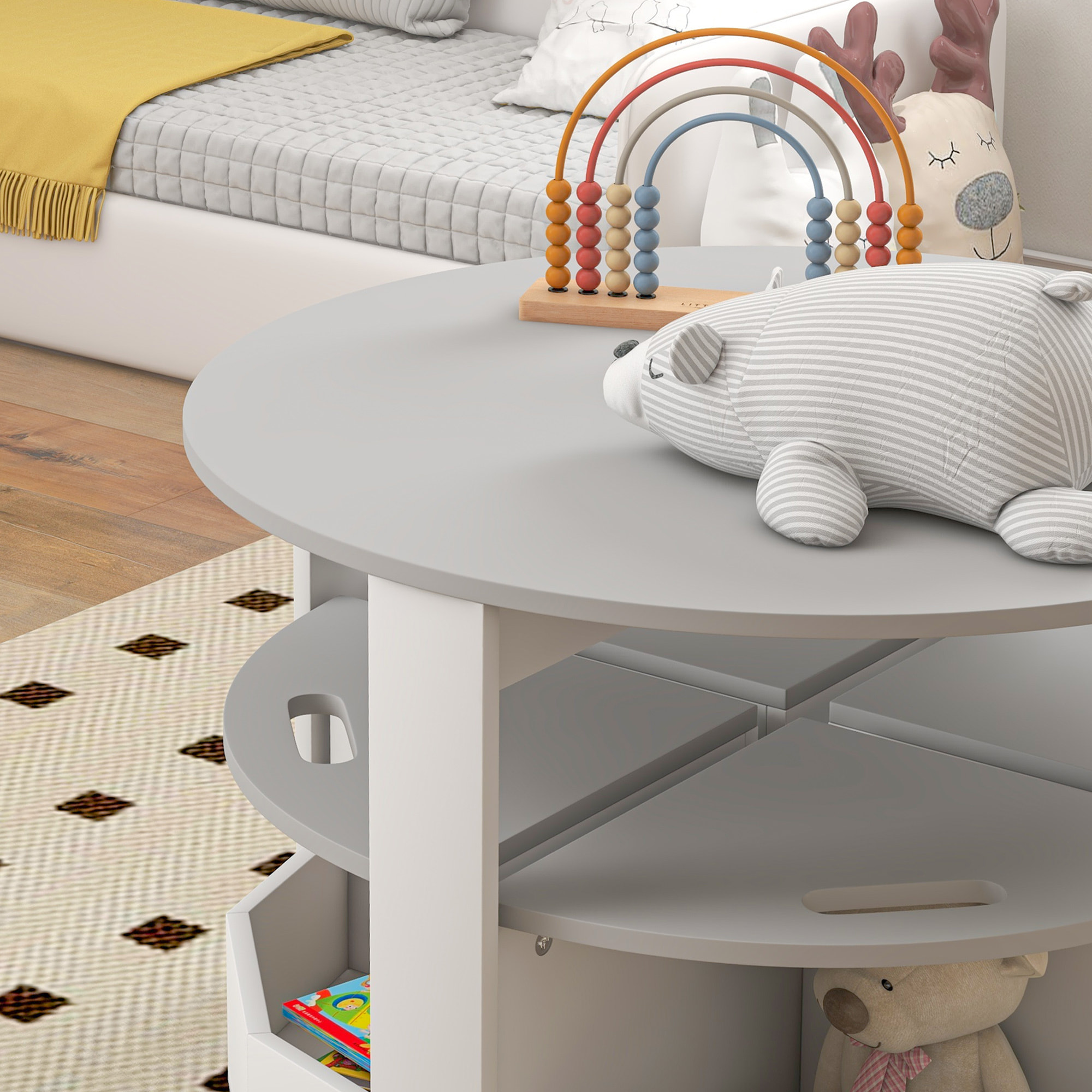 Ensemble table ronde chaises enfant encastrables 4 pers. rangements