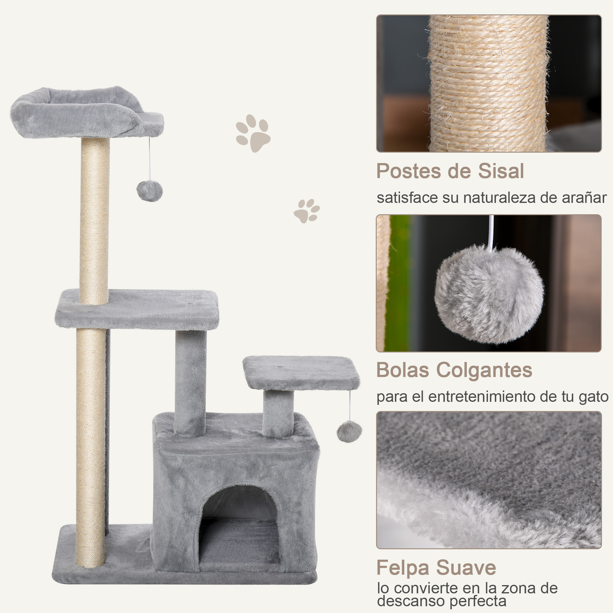 Árbol Rascador para Gatos Altura 114 cm Árbol para Gatos Torre para Gatos con Postes de Sisal 3 Plataformas Casita y 2 Bolas Colgantes Gris Claro