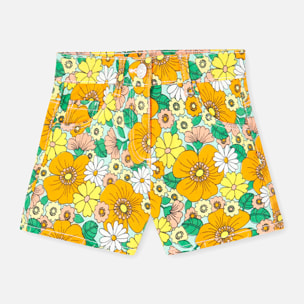 Short sarga elÃ¡stica niÃ±a estampada, flores, naranja