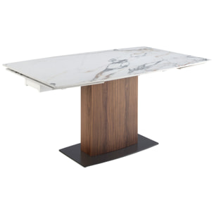 Mesa comedor extensible ovalada barril con tapa de mármol porcelánico blanco con vetas en tonalidades grises y marrones en acabado brillo 160x100x76cm