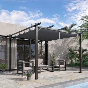 Pérgola de Jardín 3x3 m con Techo Retráctil, Cenador de Jardín con Protección UPF30+, Orificios de Drenaje, Estructura de Aluminio, Pabellón para Patio, Terraza, Exterior, Gris Oscuro