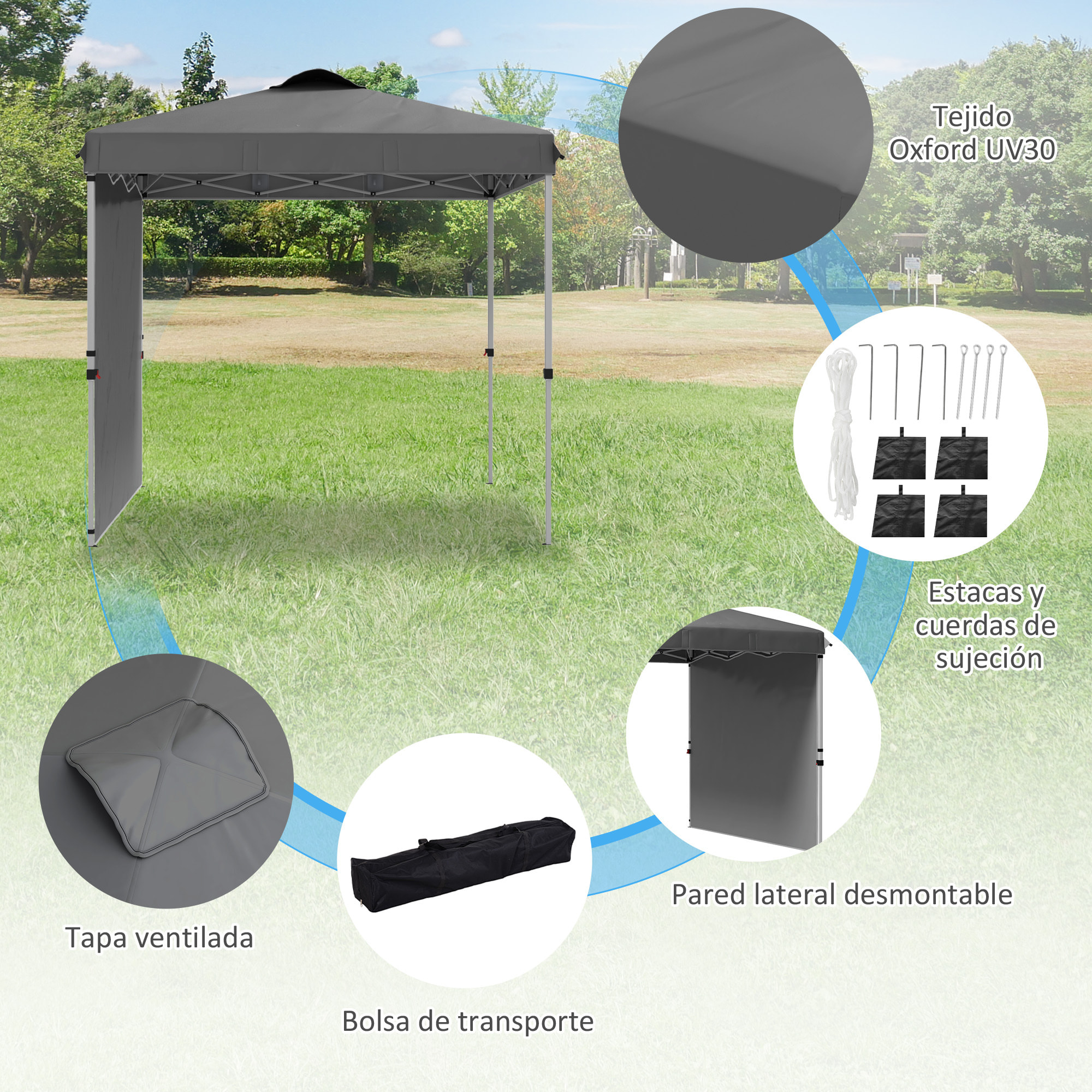 Carpa Plegable 2,5x2,5 m Cenador de Jardín con 1 Pared Lateral Altura Ajustable en 3 Niveles Anti-UV Impermeable y Bolsa de Arena para Camping Fiestas Gris Oscuro