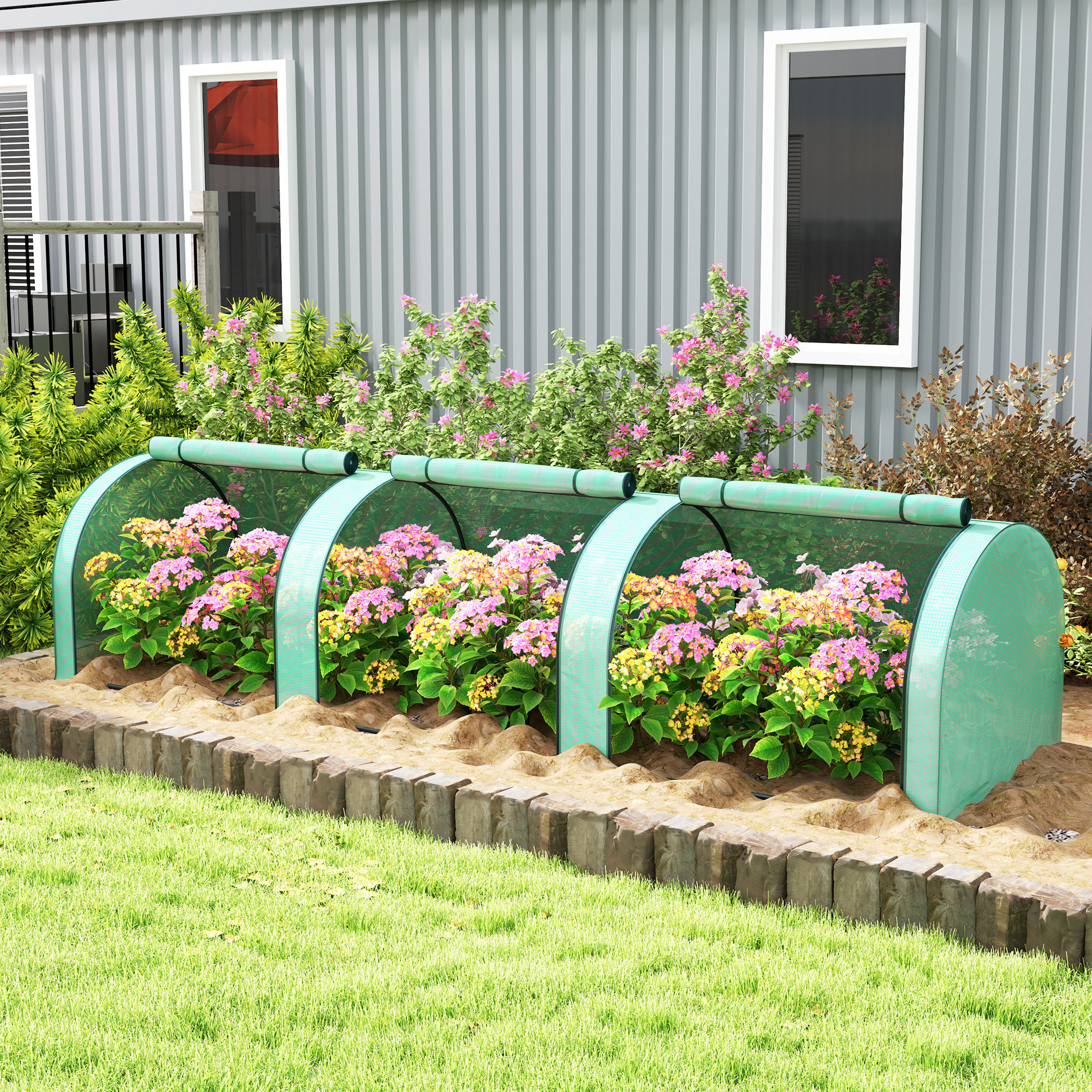 Serre tunnel 3 fenêtres enroulables acier PE vert