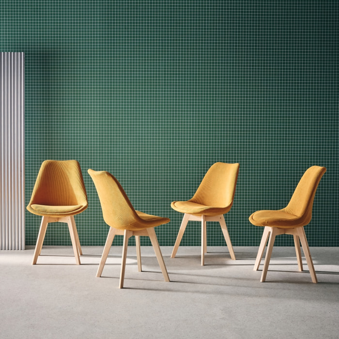 Lot de 4 chaises scandinaves revêtement velours côtelé ocre. pieds bois de hêtre - Nils