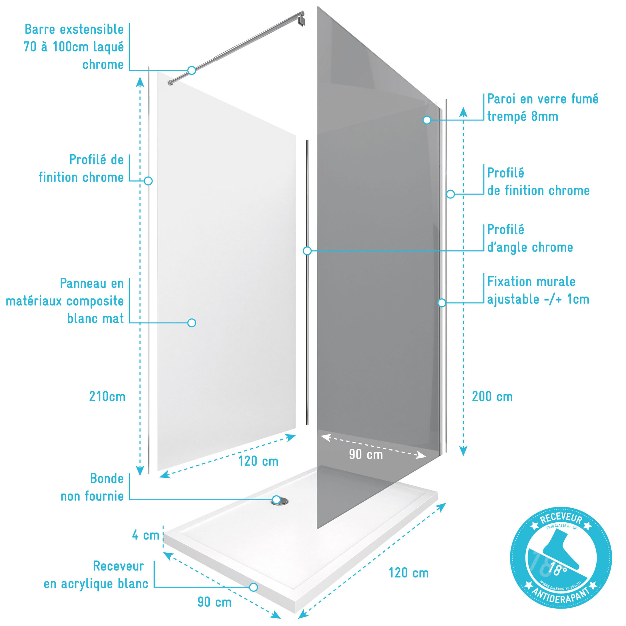 Pack douche à l'Italienne 90x120 - Kit Panneaux muraux Blanc/Chrome + receveur + Paroi Fumée 8 mm